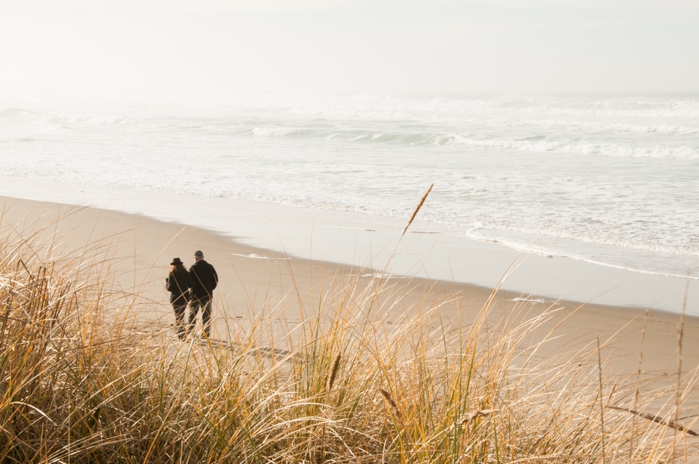 Two people walk along a sandy beach near tall, dry beach grass on a misty, overcast day.