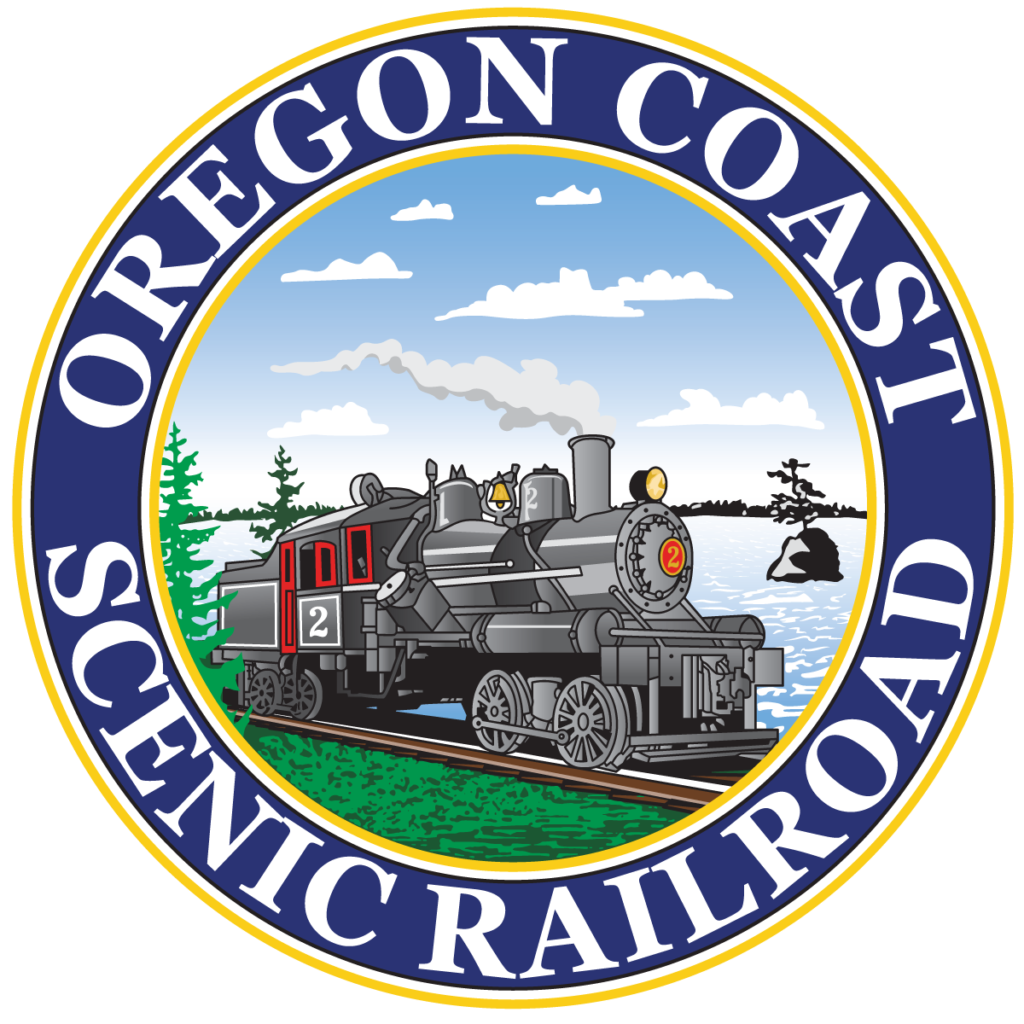 Logo for the Oregon Coast Scenic Railroad featuring a steam locomotive in a circular emblem on a yellow background.