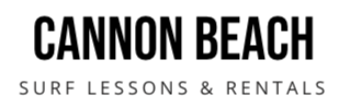 Text logo reading "CANNON BEACH" in large, bold, black capitals above "SURF LESSONS & RENTALS" in smaller gray type.