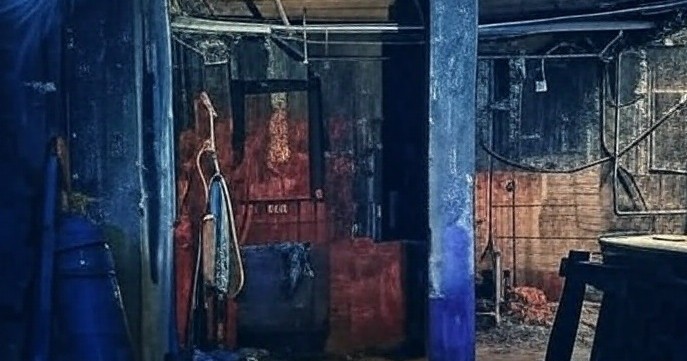 A dark, cluttered, dimly lit basement space features a framed portrait hanging on a wall amidst various items.
