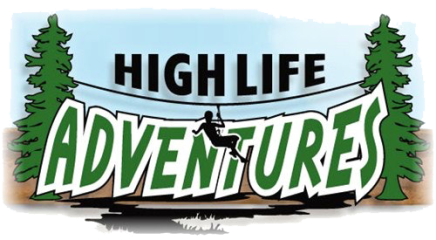 The logo for "High Life Adventures" features a silhouette of a person on a zipline between two evergreen trees.