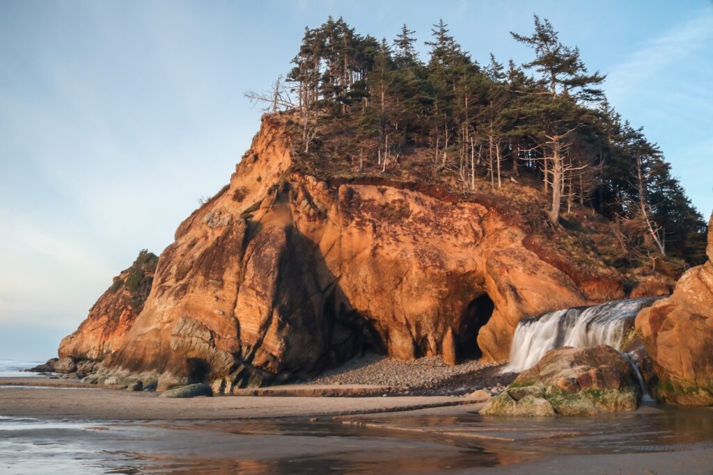 Hug Point State Park waterfall and cliff, Oregon Coast